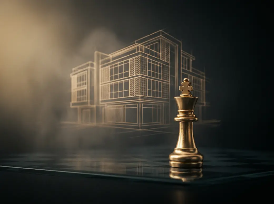 Gold chess king before a building blueprint, representing strategic security consulting