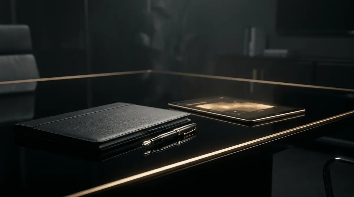 Governance folder and tablet with a gold risk heat map on a dark boardroom table