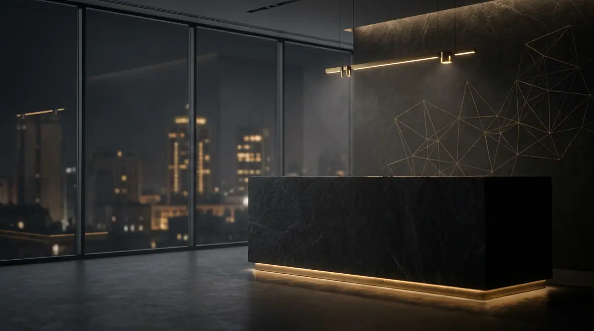Cybersecurity office interior at night with gold accent lighting
