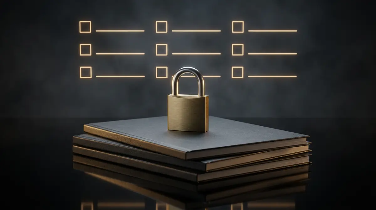 Gold padlock on information security policy documents with a compliance checklist
