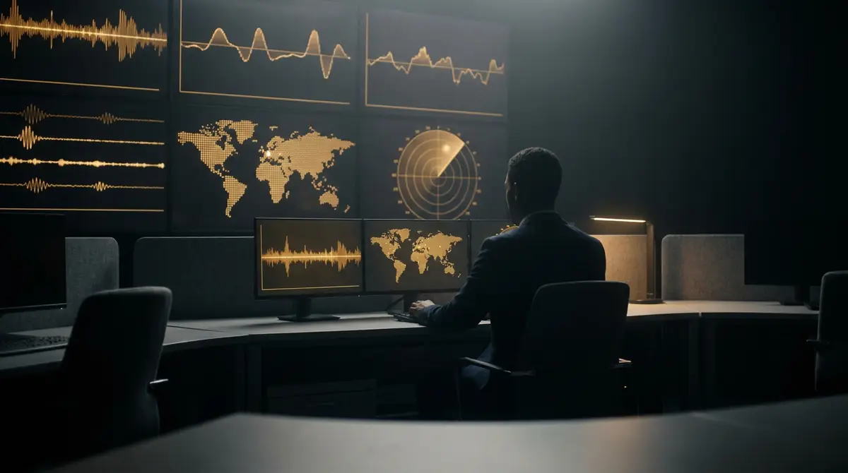 Security operations centre with gold threat maps and a radar sweep