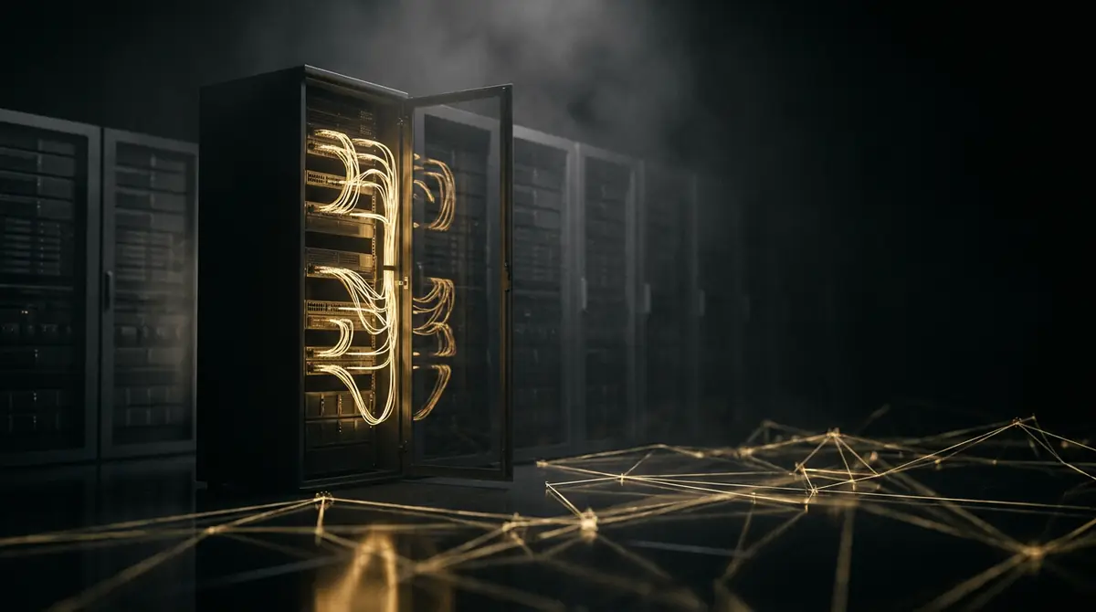 Server room with gold fibre paths representing integrated security technology