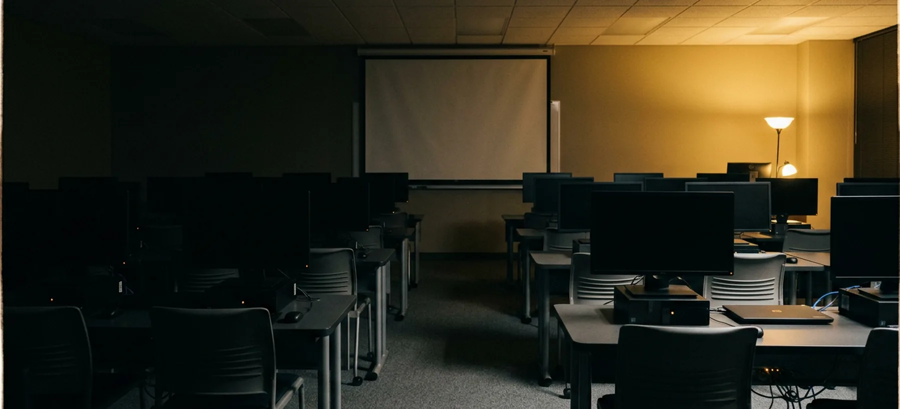 A training room seen from the back, facing a blank display