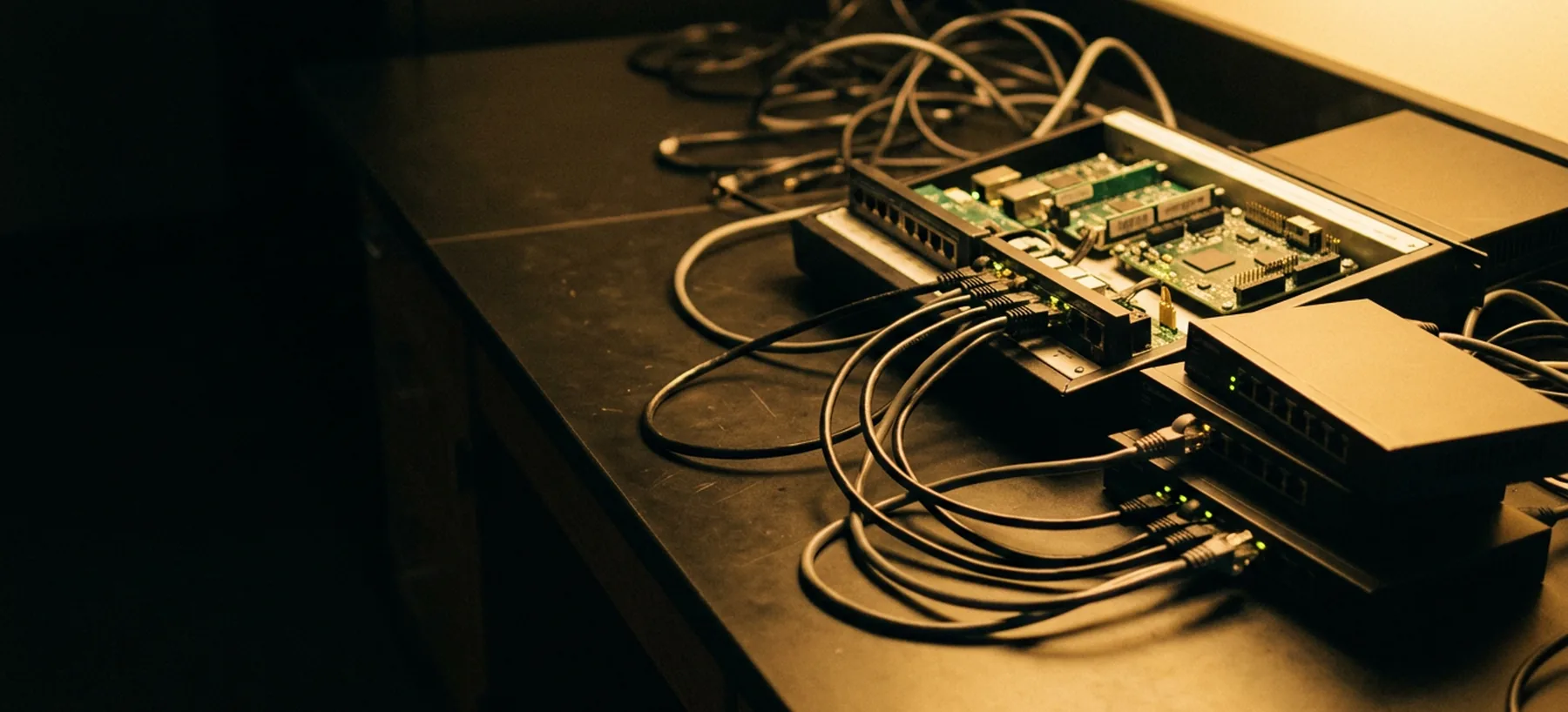 A networking lab bench with trainer equipment and patch cables