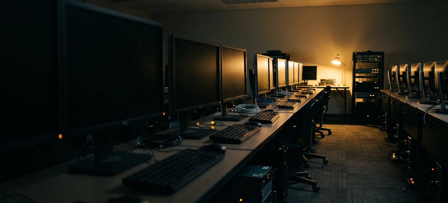 A cybersecurity training lab with paired workstations