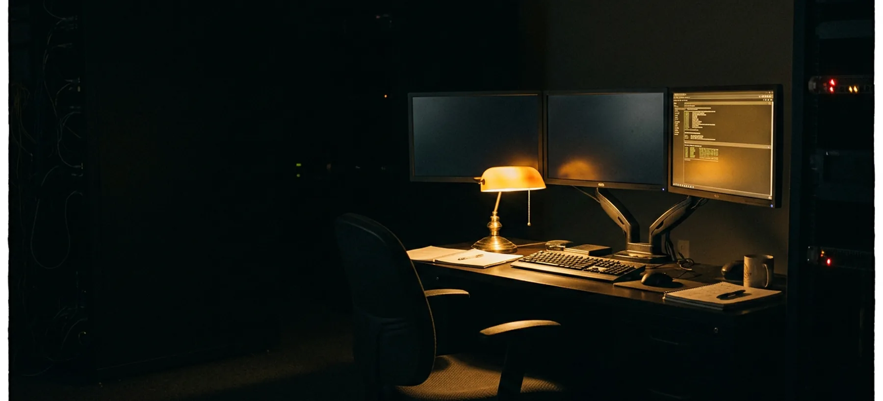A single analyst station with dark monitors in an operations room