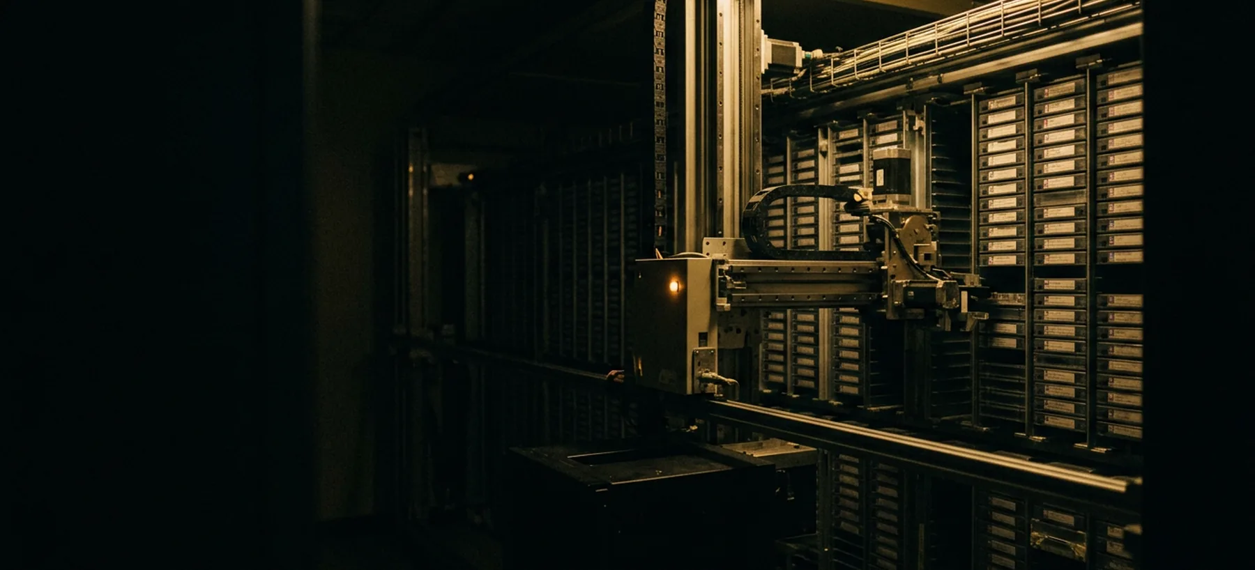 A tape backup library in a dark facility
