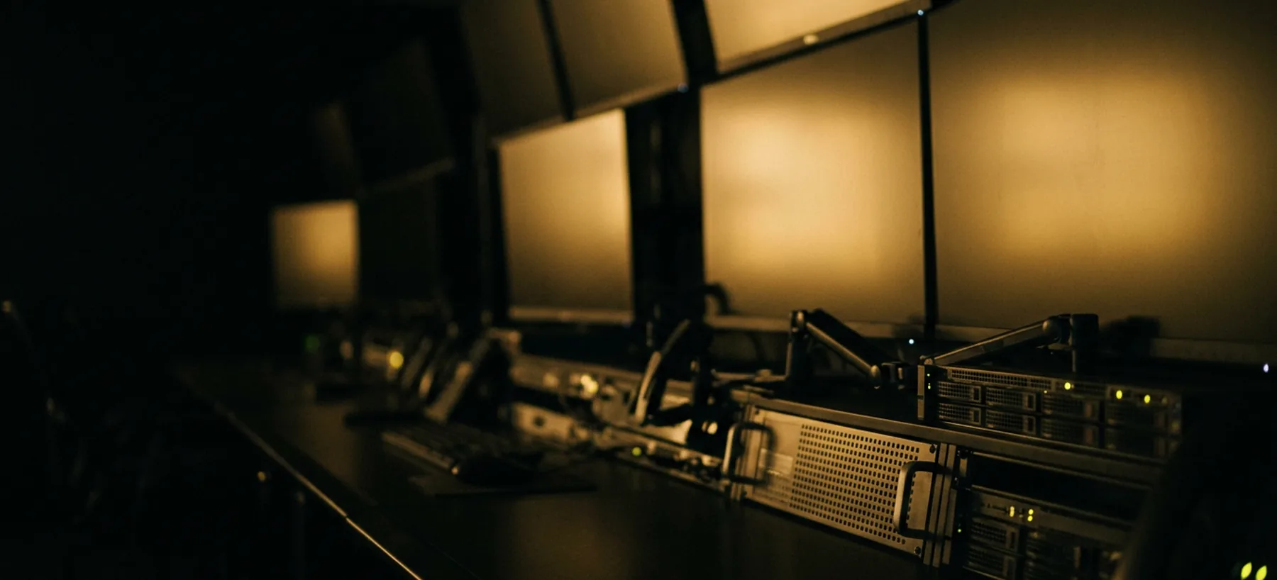 A dimly lit monitor wall in an empty operations room