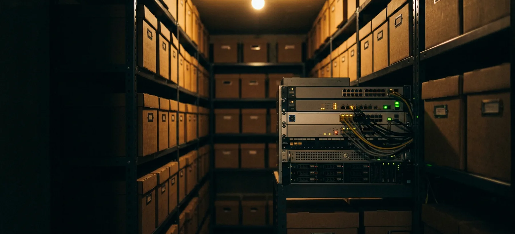 An archive room with rows of identical records boxes