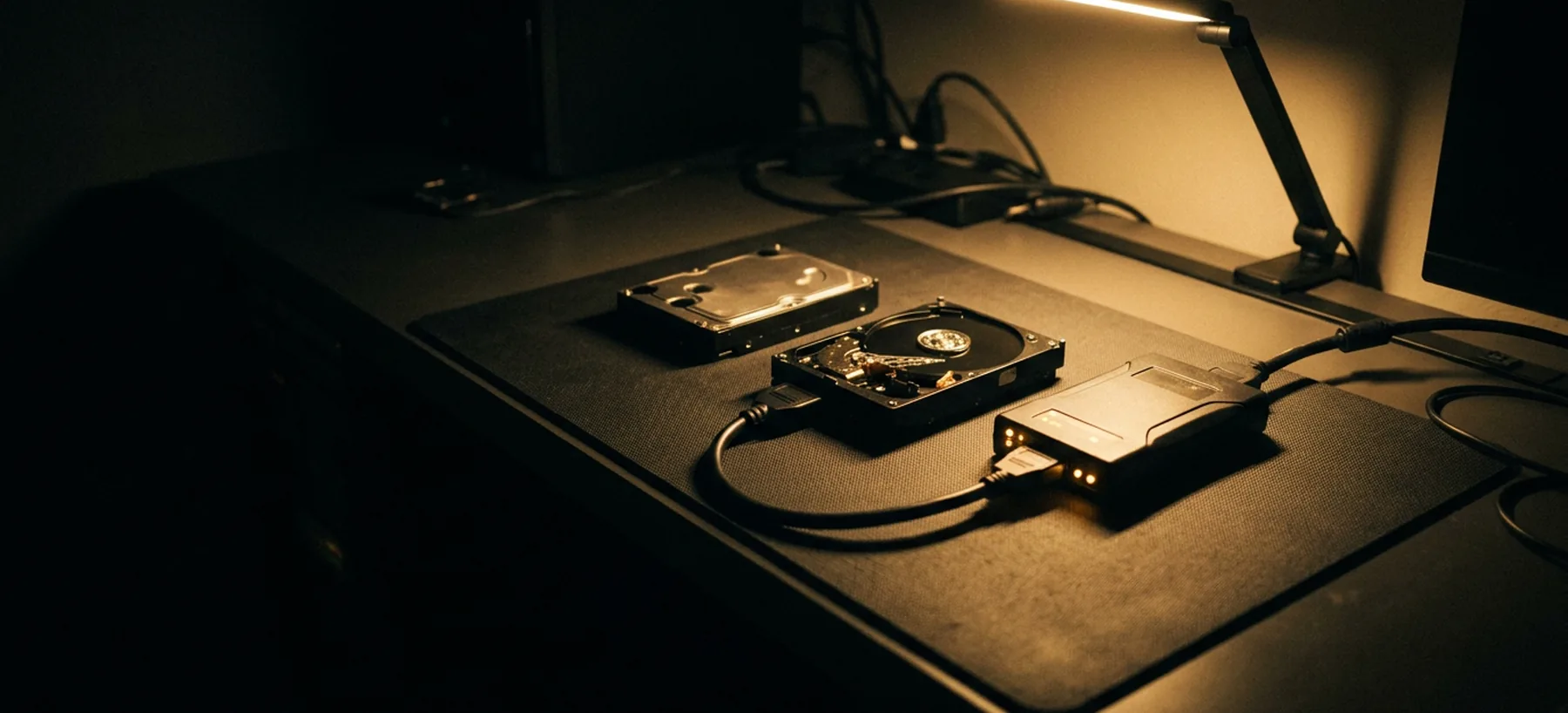 A forensic bench with drives connected to a write blocker