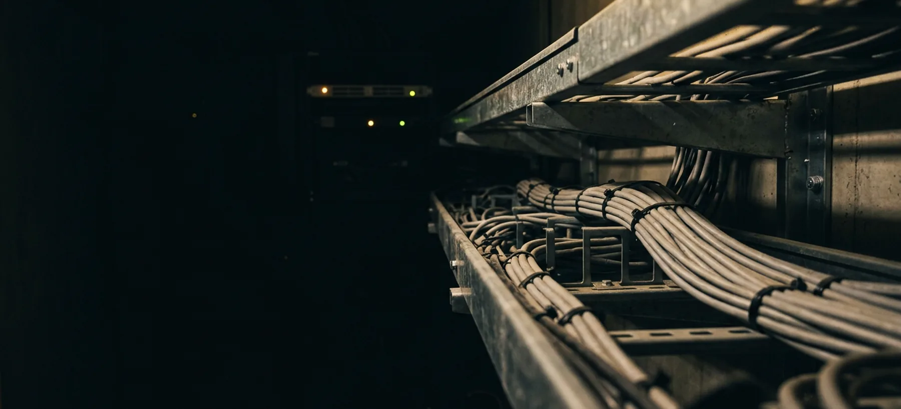 Structured cabling bundles crossing a dark plant room