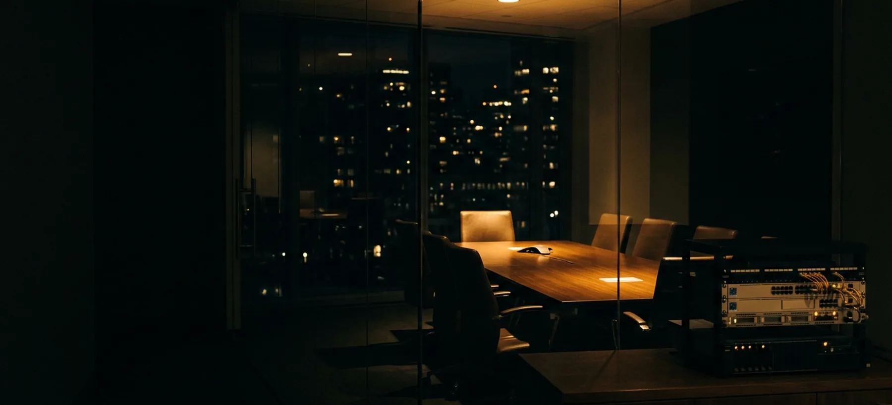 An empty boardroom at night lit by a single warm light