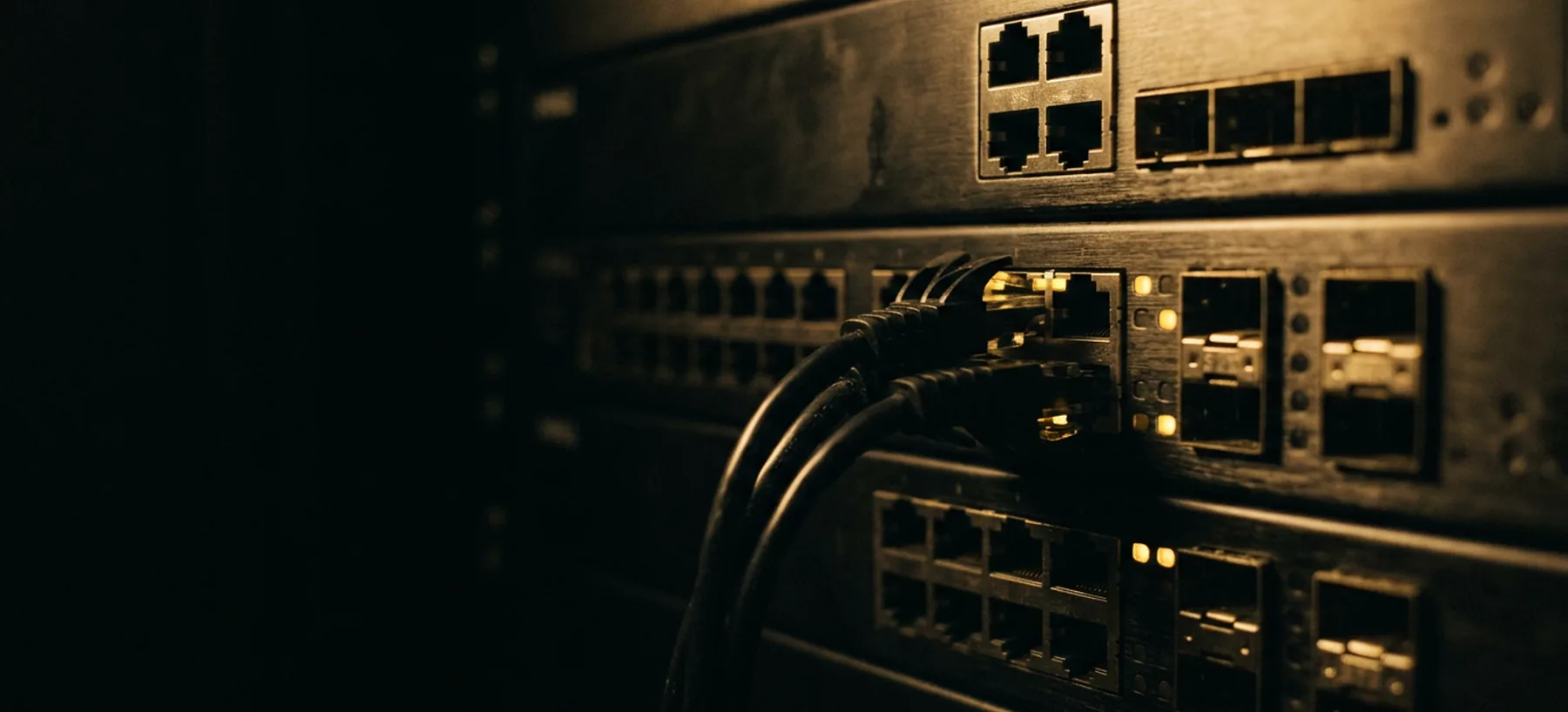 Close view of network appliance ports with link lights