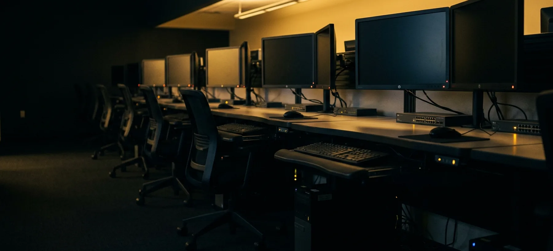A row of unoccupied analyst desks in an operations room