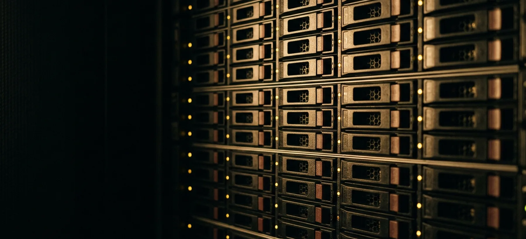 A wall of disk drive carriers in a storage rack