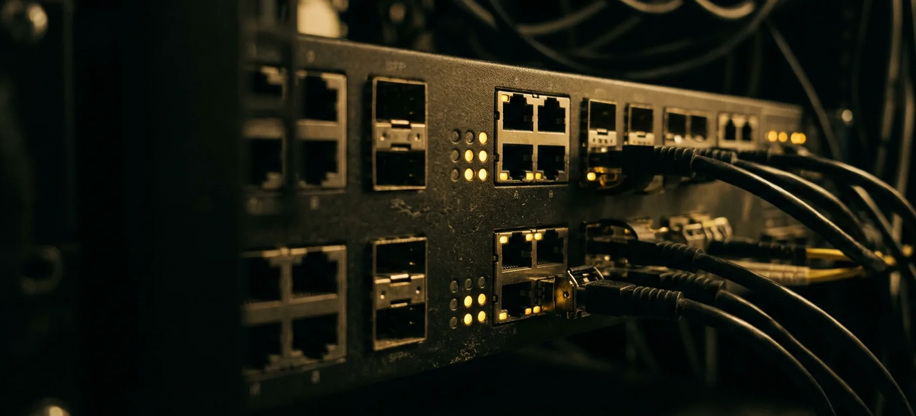 Close view of a firewall appliance port panel