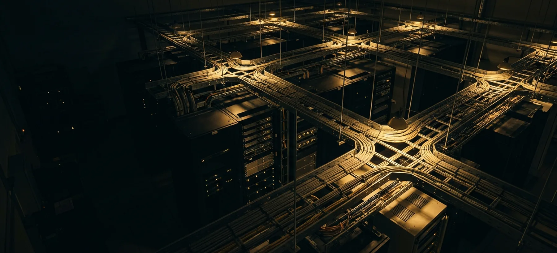 Cable trays crossing overhead in a planned grid