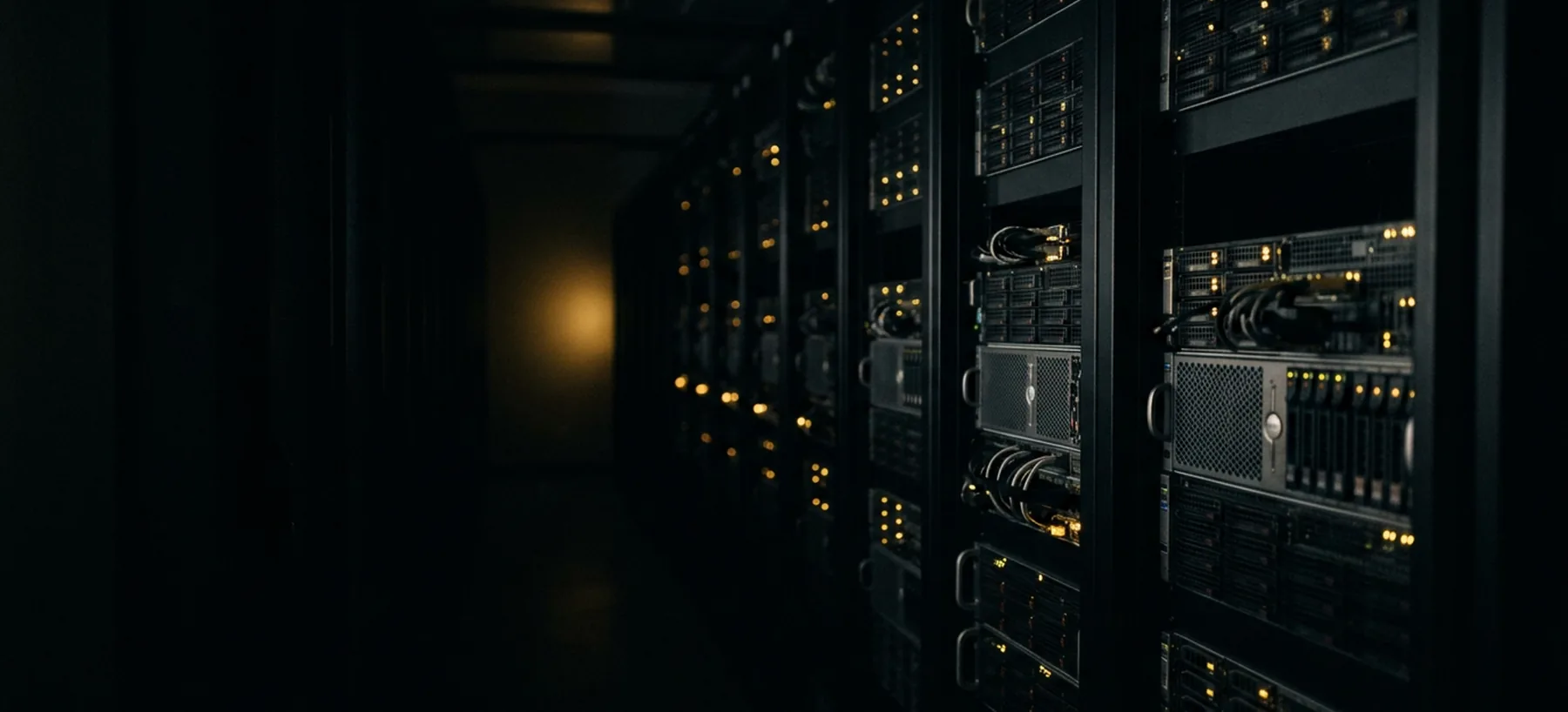A darkened data centre aisle, server rack status lights receding into the distance