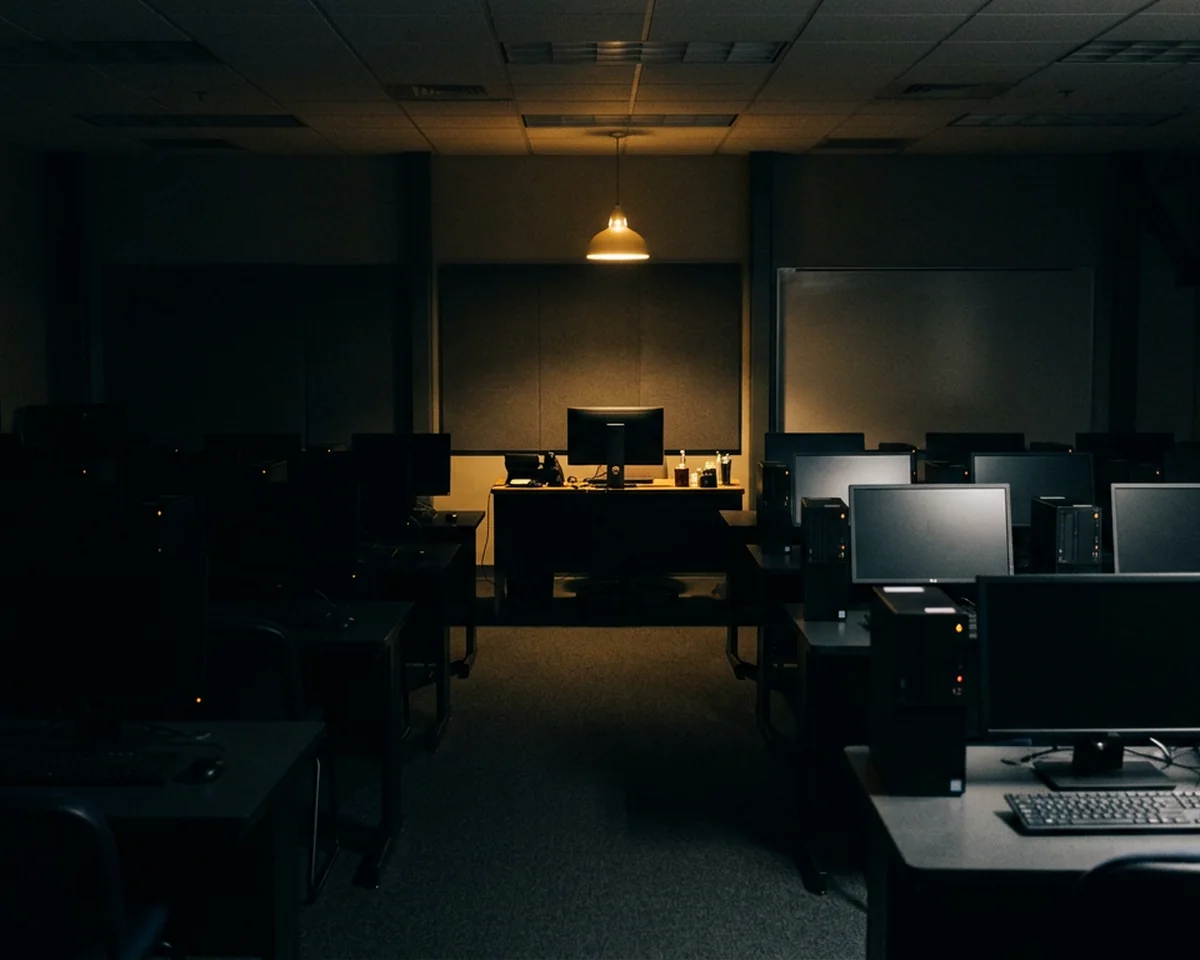 An empty training lab at night, paired workstations with dark screens under one warm light