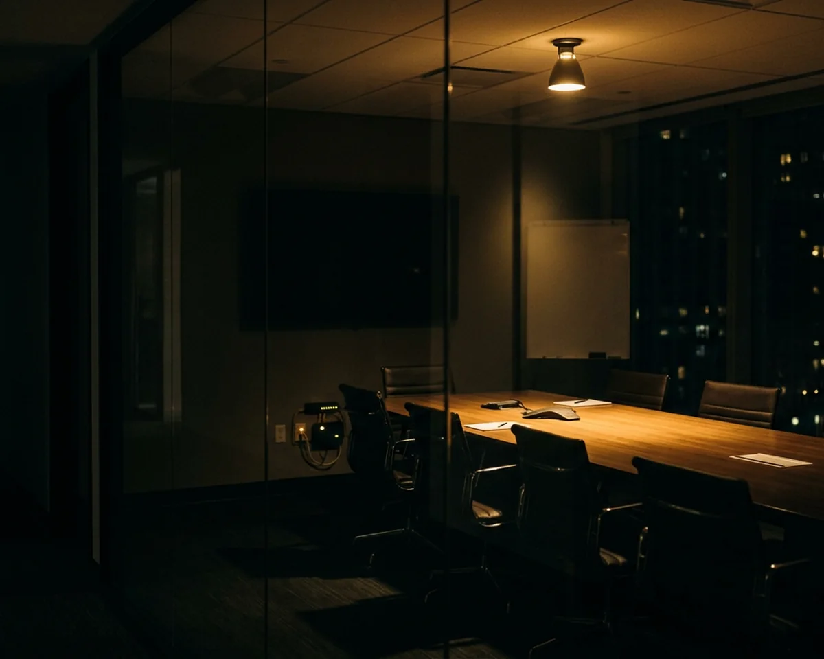 An empty meeting room at night behind dark glass, long table lit by a single warm downlight