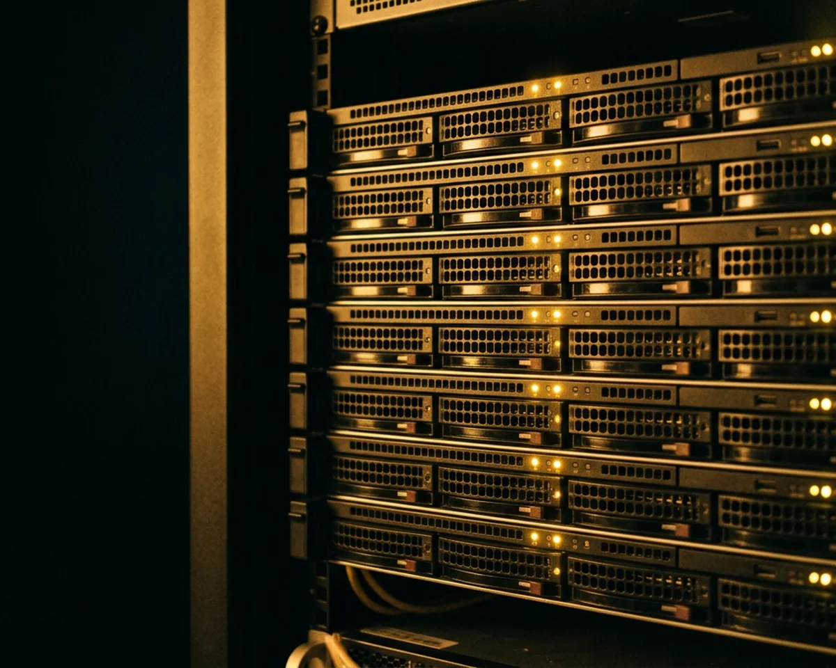 A rack of identical appliances seen head on, status lights marching up the frame