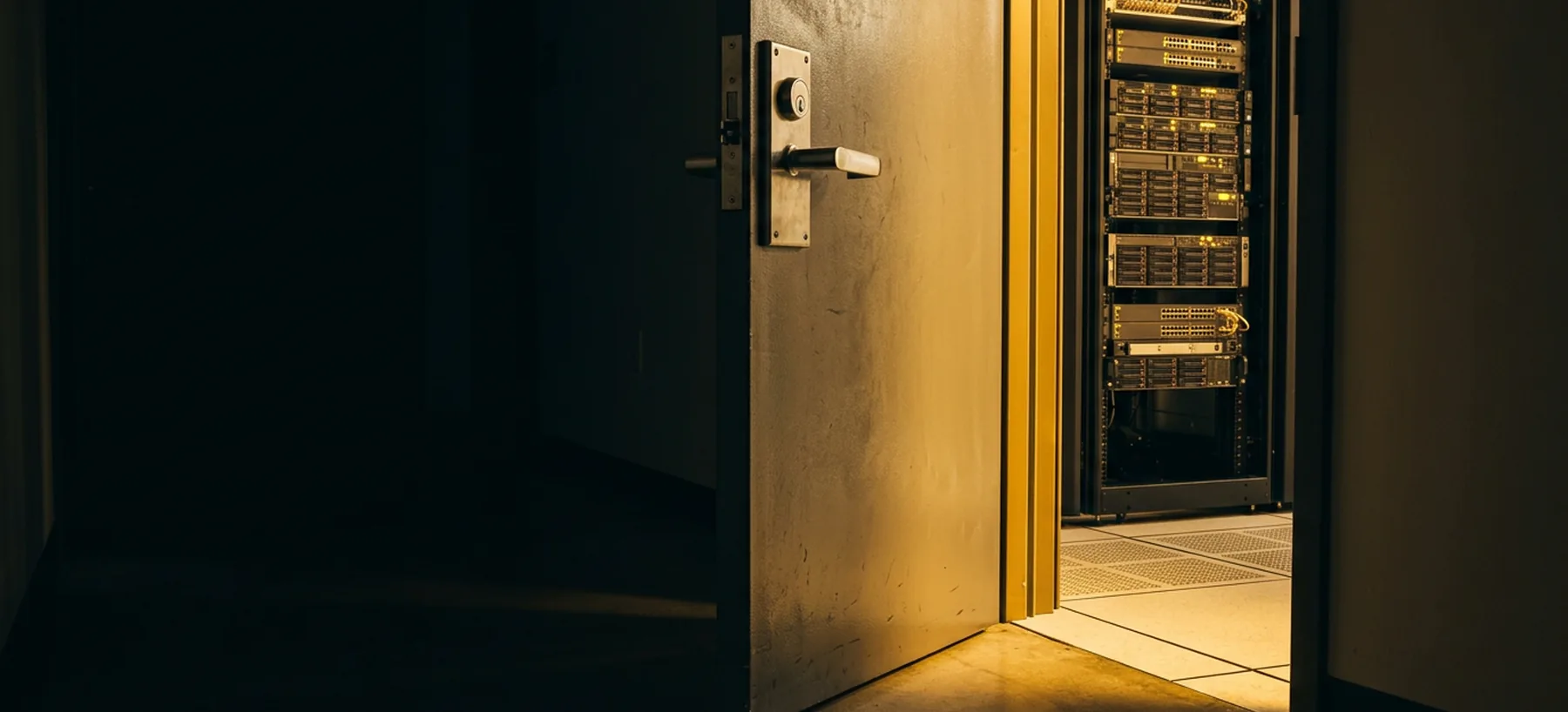A steel server room door ajar in a dark corridor
