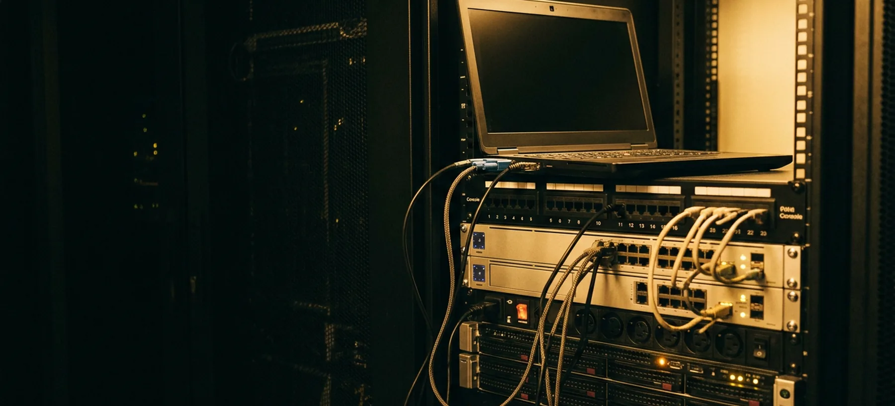 A laptop on a server rack with console cables trailing down