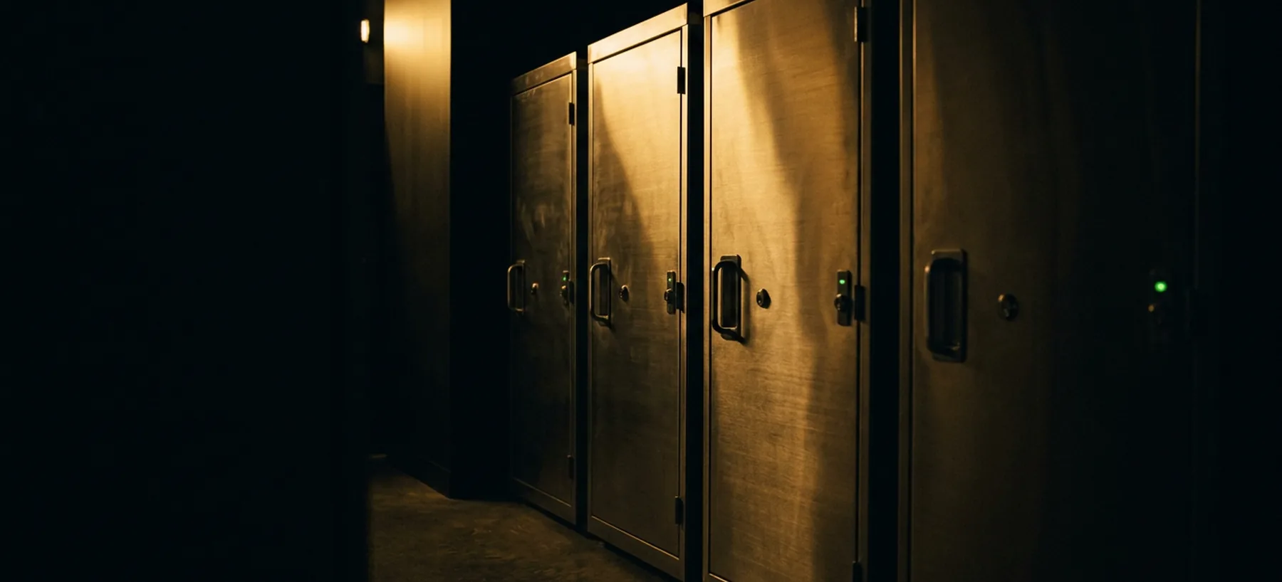 A row of locked equipment cabinets in a secure facility corridor
