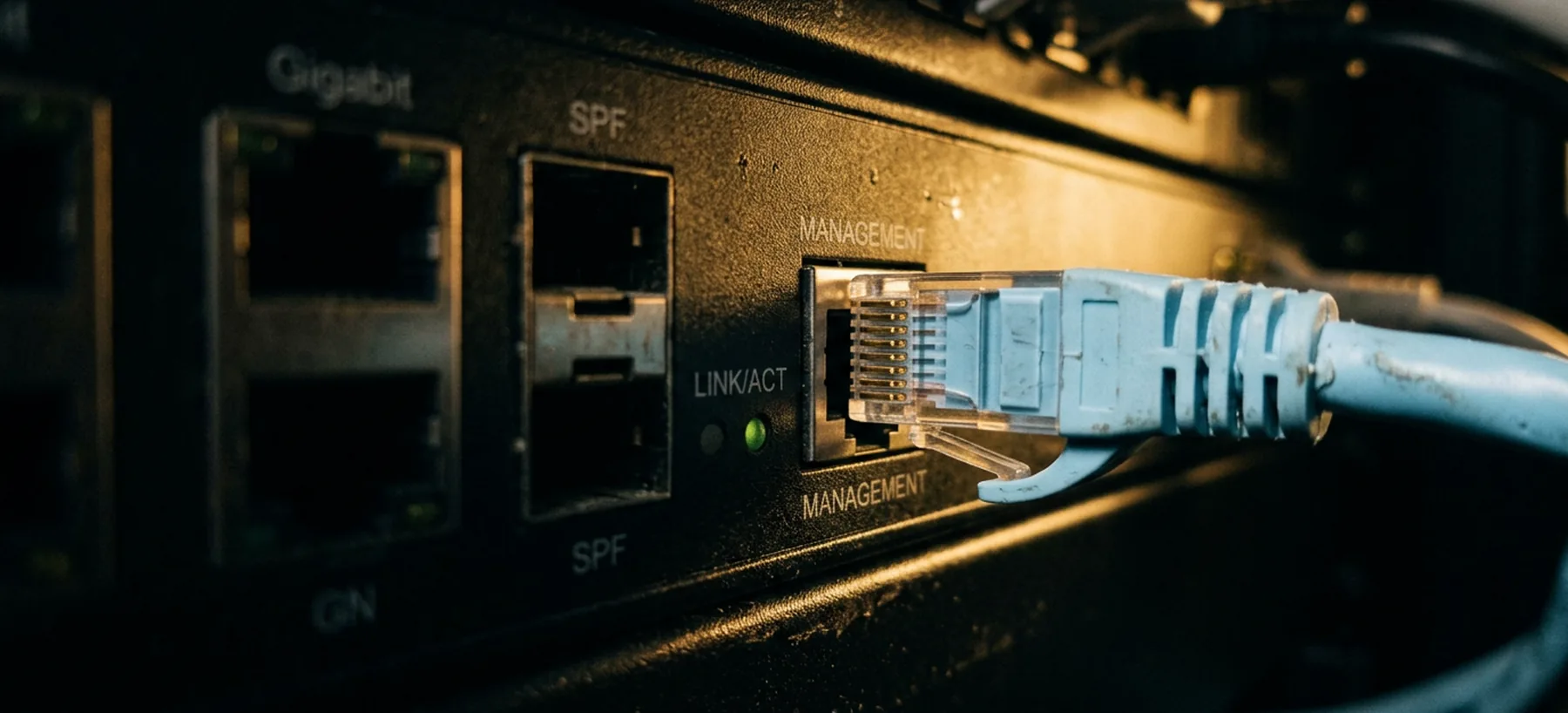 A console cable plugged into a network switch management port