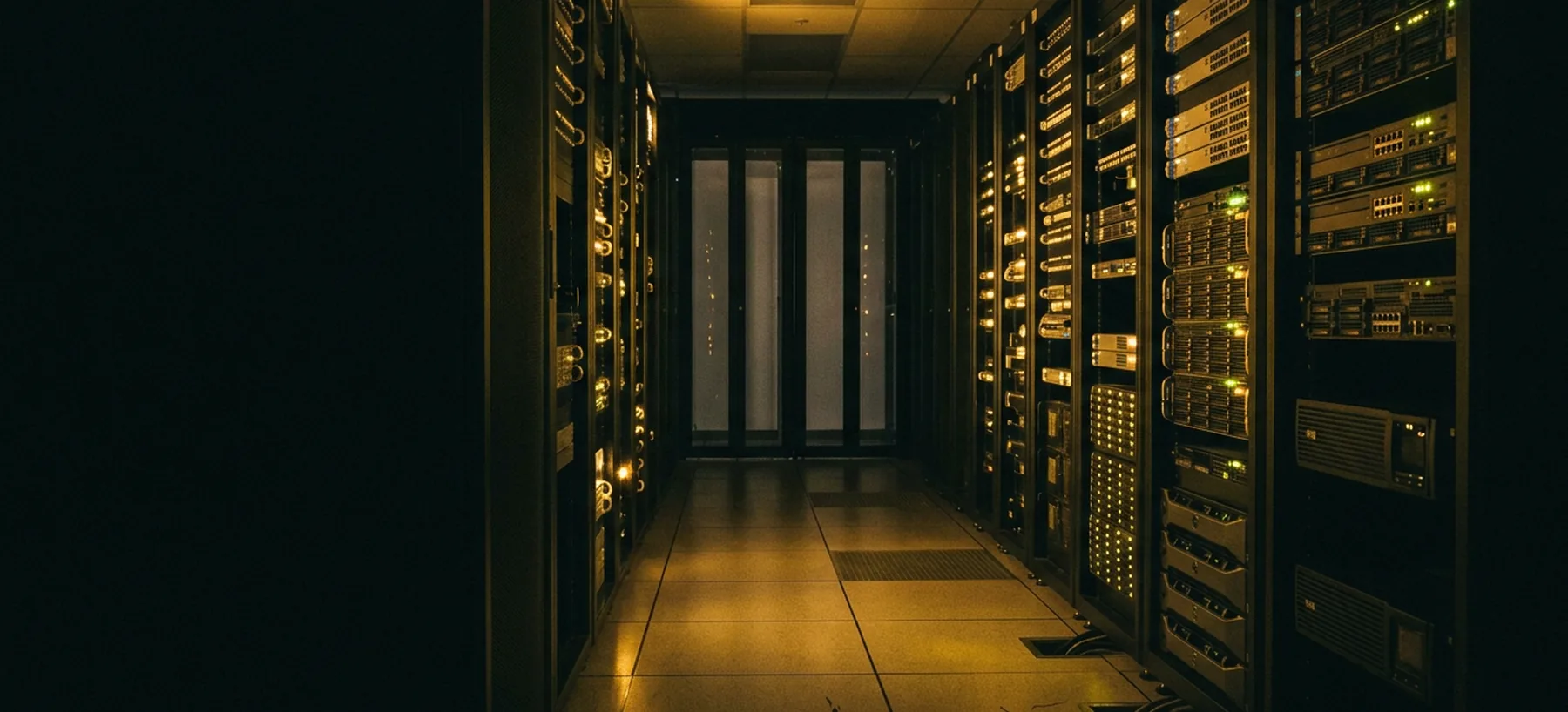 A long data centre aisle at night