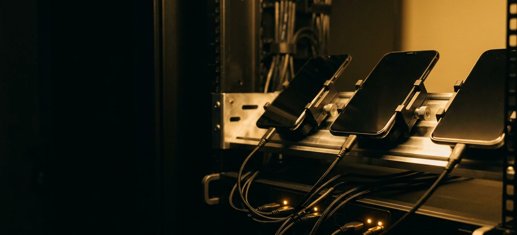 A bench of mobile handsets in a testing rig