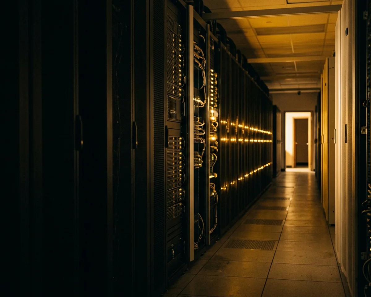 A data centre aisle at night, rack status lights receding toward a distant lit doorway