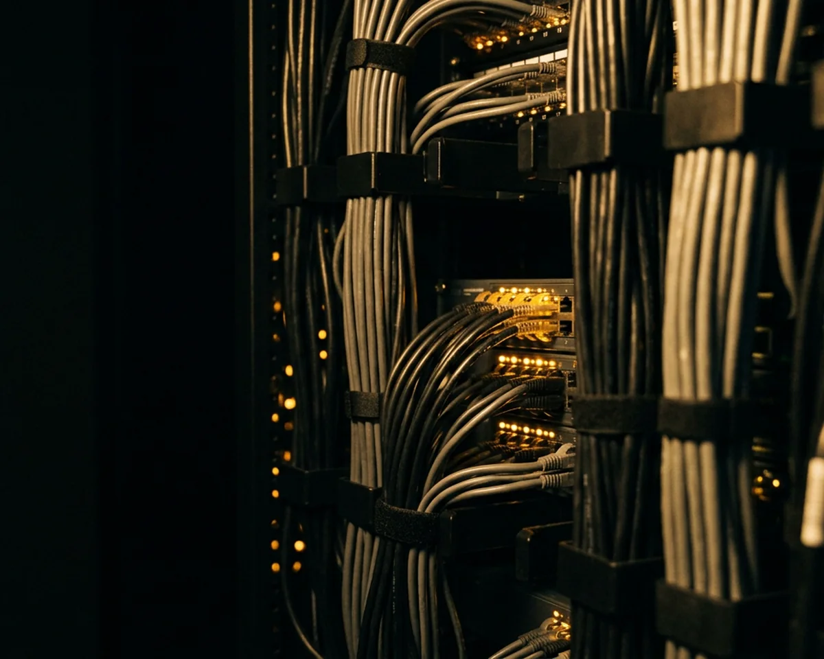 Dressed cable bundles at the rear of a live rack, amber activity lights between them