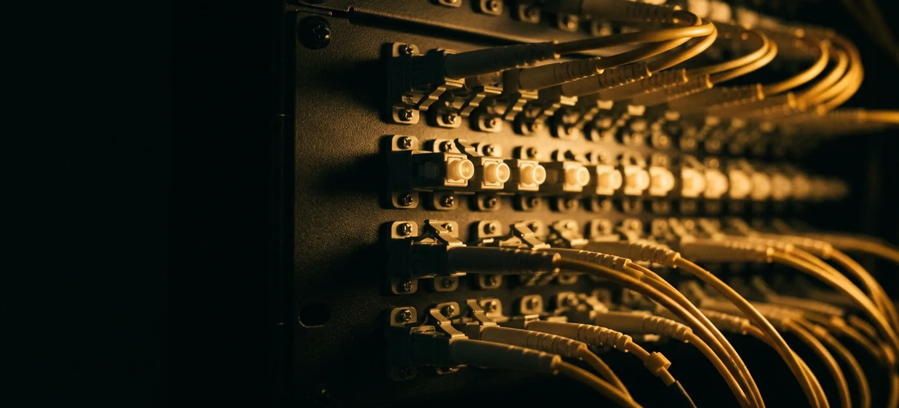 Close view of a fibre optic patch panel with terminated connectors
