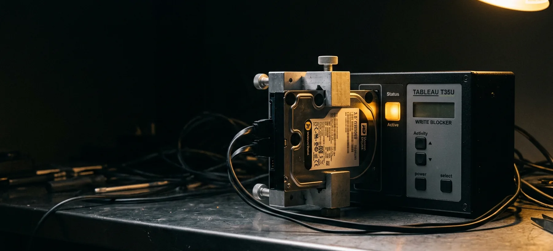 A drive clamped into a forensic duplicator in a dark lab