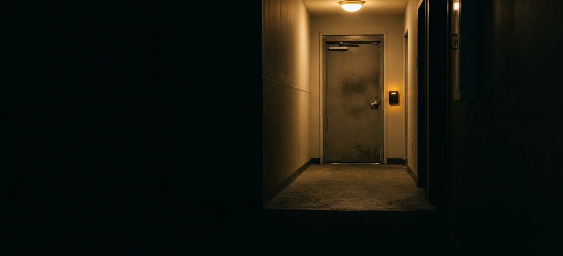 A dark corridor with a badge reader beside a closed door