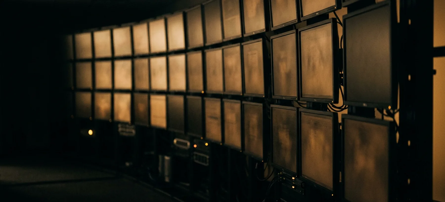 A multi-panel monitor wall glowing in a dark room