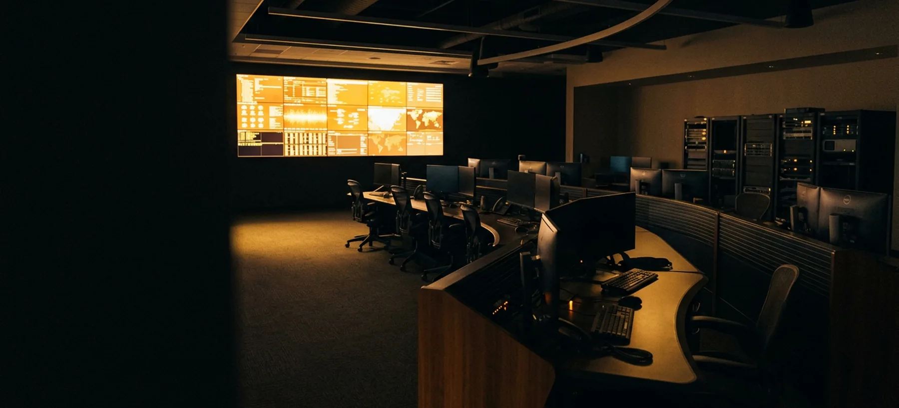 An empty security operations floor after hours