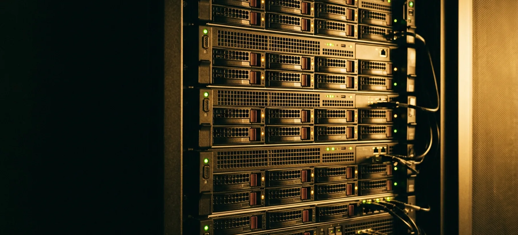 A column of log storage servers with drive activity lights