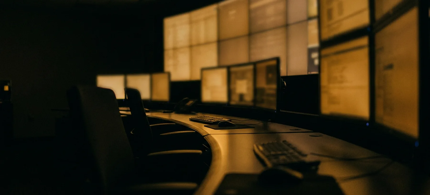 A security operations monitor wall above empty desks