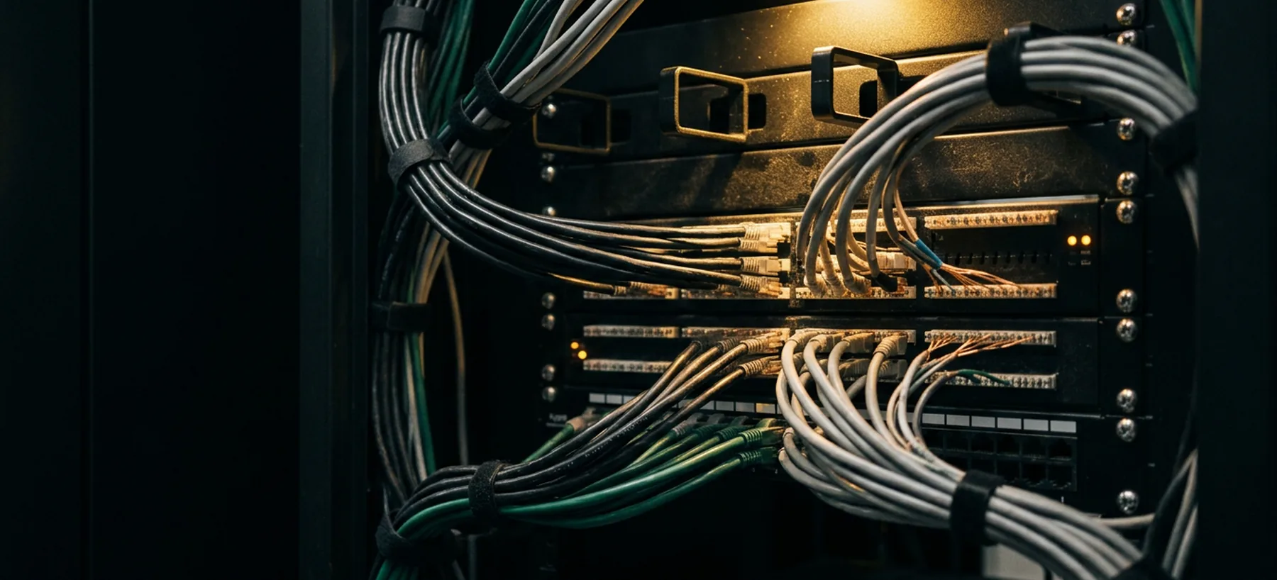 A cross-connect panel where cabling from separate systems meets