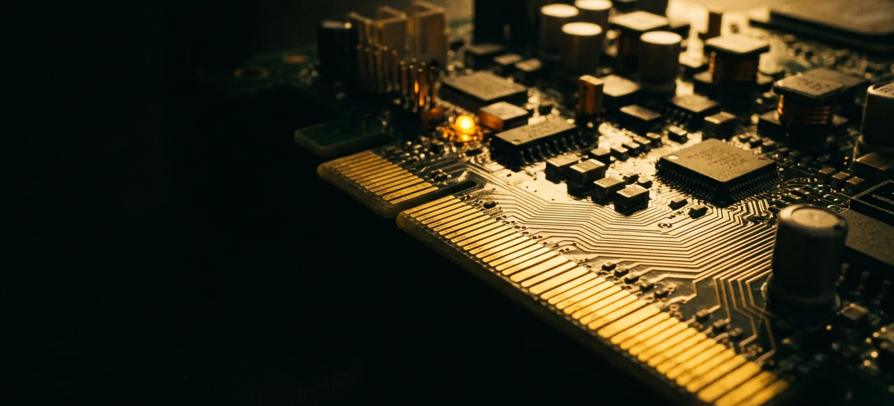 Extreme close view of a server board with gold contacts