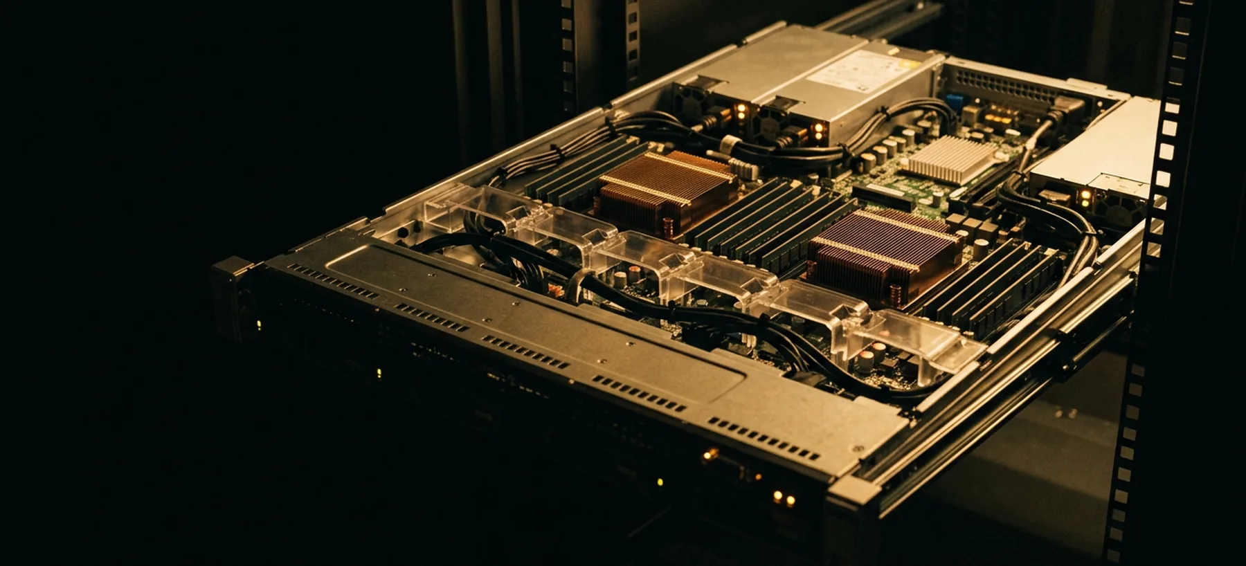 An open server chassis in a dark rack