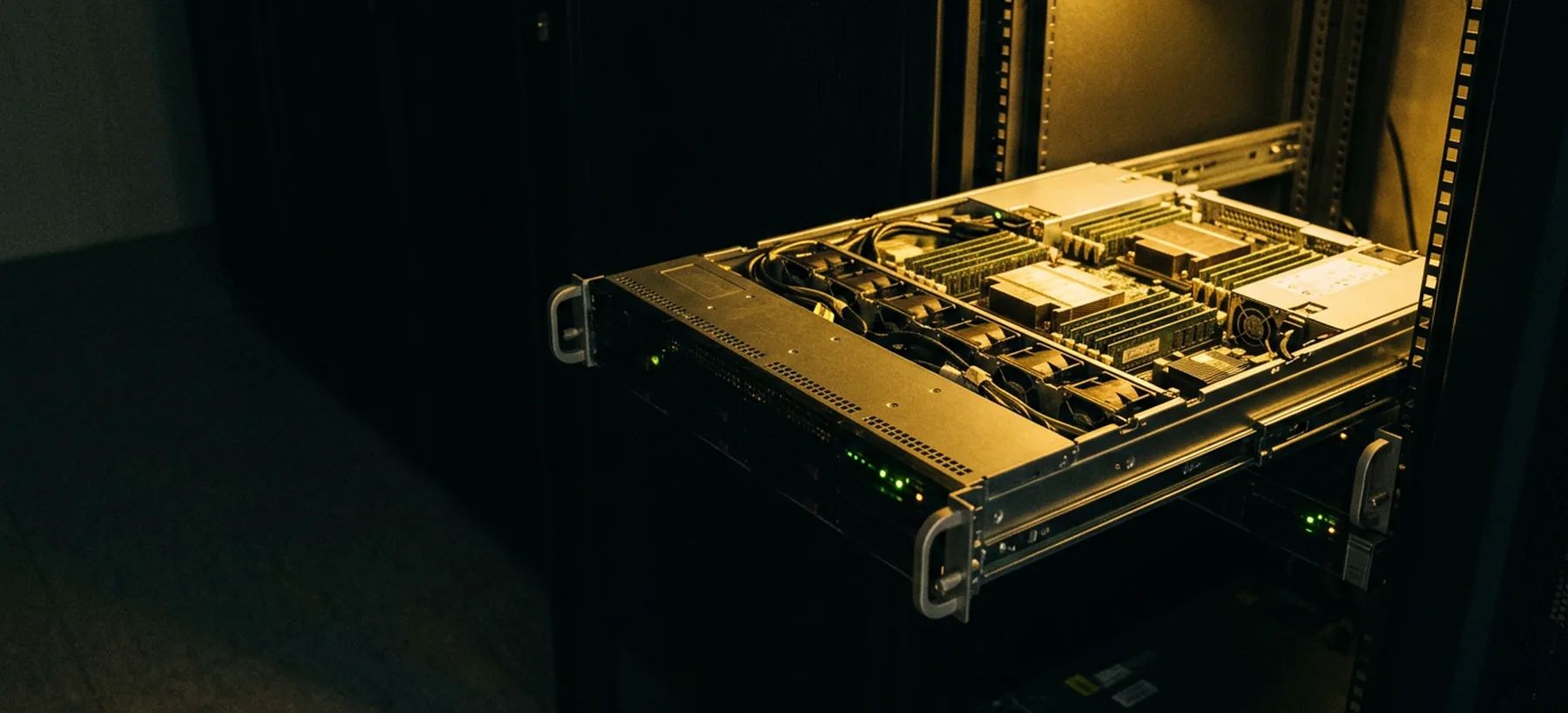 A server pulled out on its rails in a dark aisle