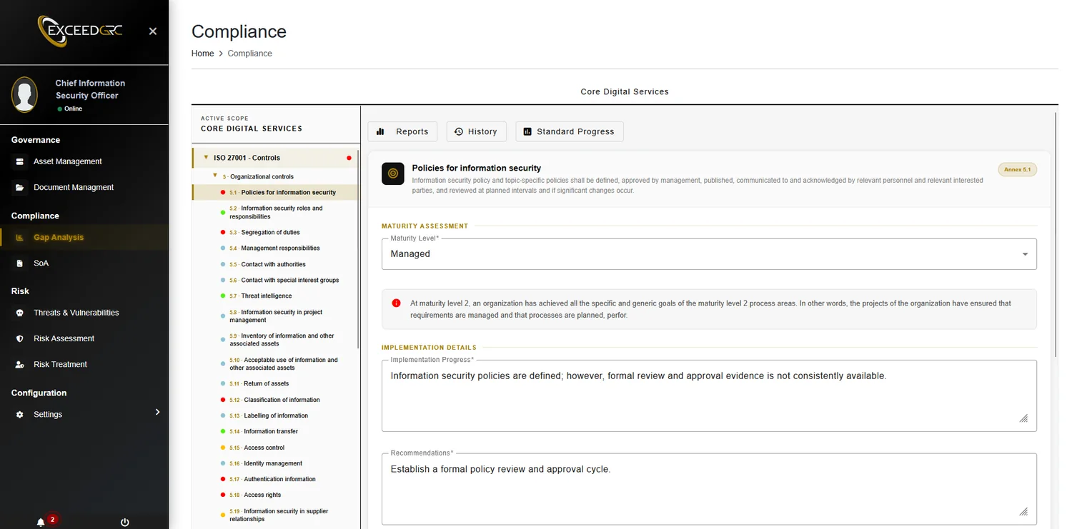 ExceedGRC compliance gap assessment screen
