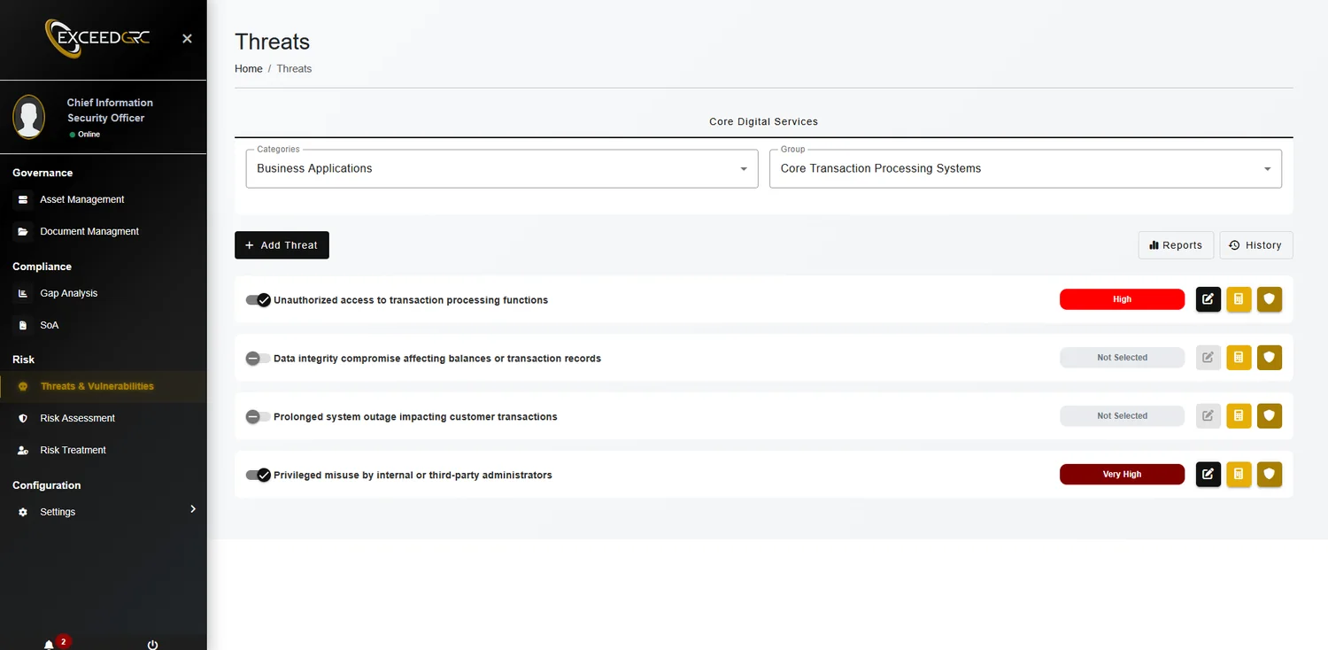 ExceedGRC threats and vulnerabilities register