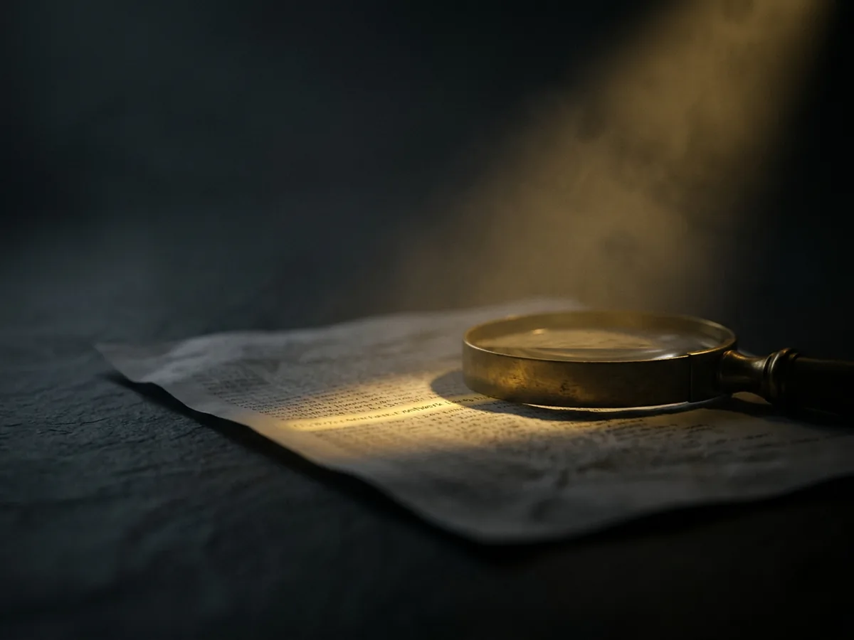Brass magnifying glass over printed network logs, with one line caught in a beam of gold light