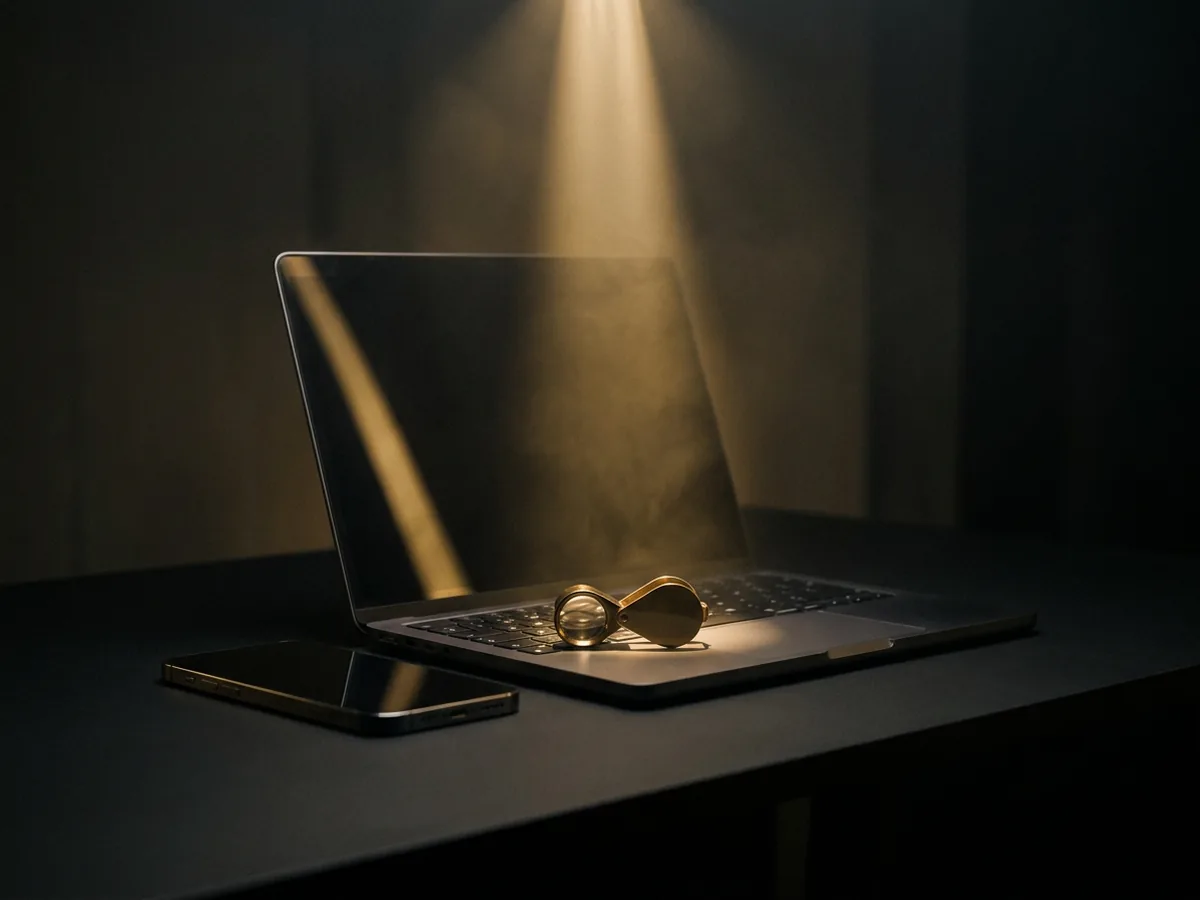 Dark smartphone and laptop on a black desk with a brass jeweller's loupe resting on the keyboard