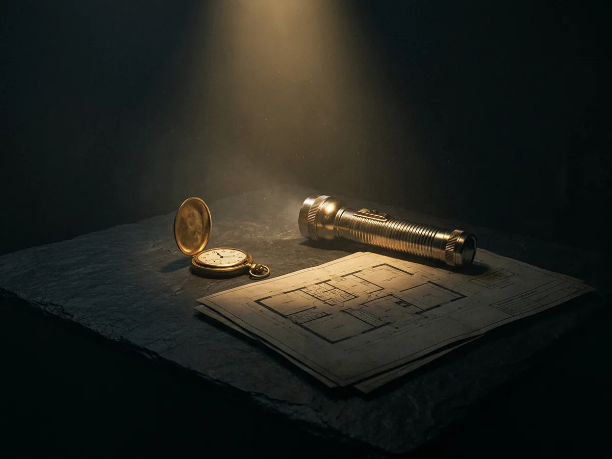 Open brass pocket watch beside an emergency flashlight and a folded evacuation floor plan