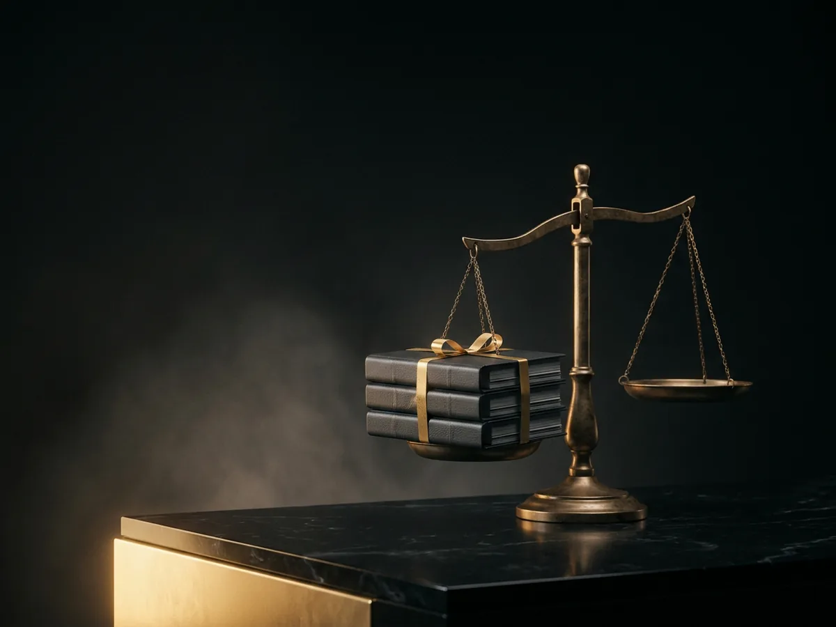 Brass balance scale weighing bound regulation binders on a black marble desk